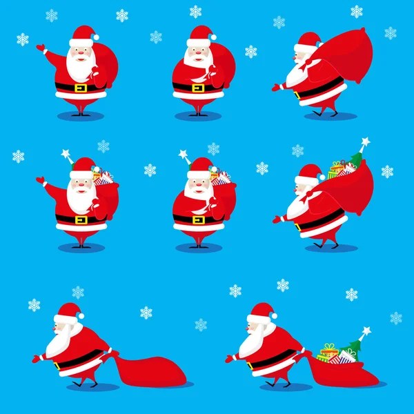 Ensemble vectoriel éléments de conception drôle Père Noël personnage différent avec des cadeaux sac isolé sur fond bleu — Image vectorielle