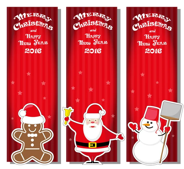 Set vector de banner de Navidad con Santa Claus, muñeco de nieve, pan de jengibre Manand texto dibujado a mano Feliz Navidad y Feliz Año Nuevo 2016 sobre fondo de degradado rojo — Archivo Imágenes Vectoriales
