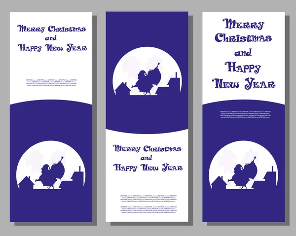 Set de banner de navidad vectorial Santa Claus con grandes regalos de bolsa caminando sobre el techo sobre un fondo de siluetas de techos de la ciudad y la luna para entradas de diseño o invitaciones — Vector de stock