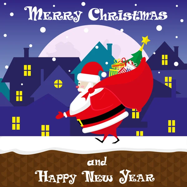 Vector christmas banner Santa Claus with big bag gifts walking on the roof against a background of silhouettes of city roofs and moon — Stock Vector