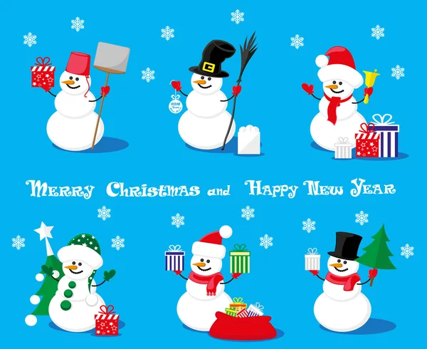 Set vettori elementi di design divertente pupazzo di neve personaggio diverso con alberi di Natale scatola regalo e campana isolata su sfondo blu — Vettoriale Stock