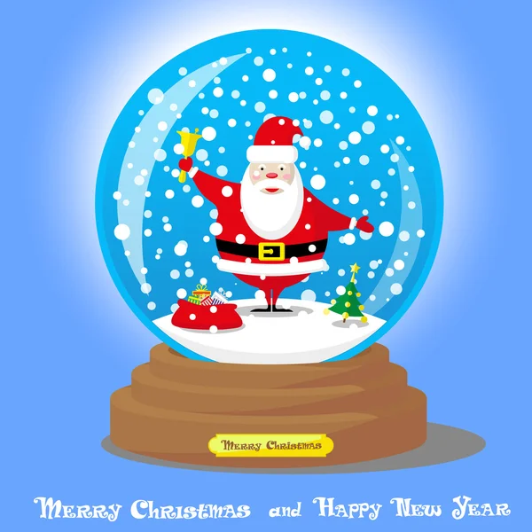 Vector Christmas Snow Globe con Babbo Natale e grandi regali borsa su sfondo sfumato blu — Vettoriale Stock