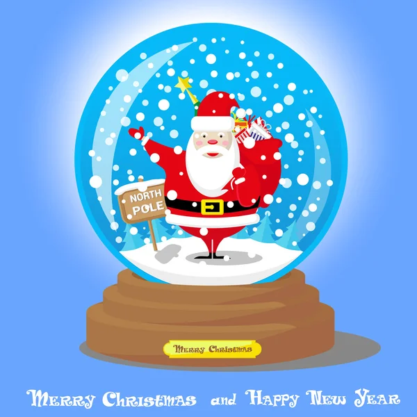 Vector Christmas sneeuwbol: Kerstman met grote zak giften en Xmas boom achtergrond ondertekenen Noordpool op blauwe achtergrond met kleurovergang — Stockvector
