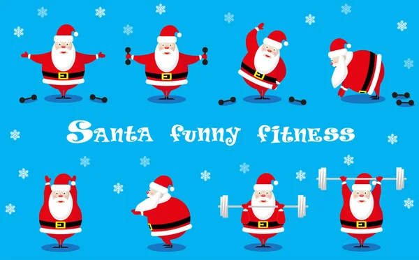 Vector set design elements funny Santa Claus different character does morning exercises with dumbbells and barbell isolated on blue background — Stock Vector