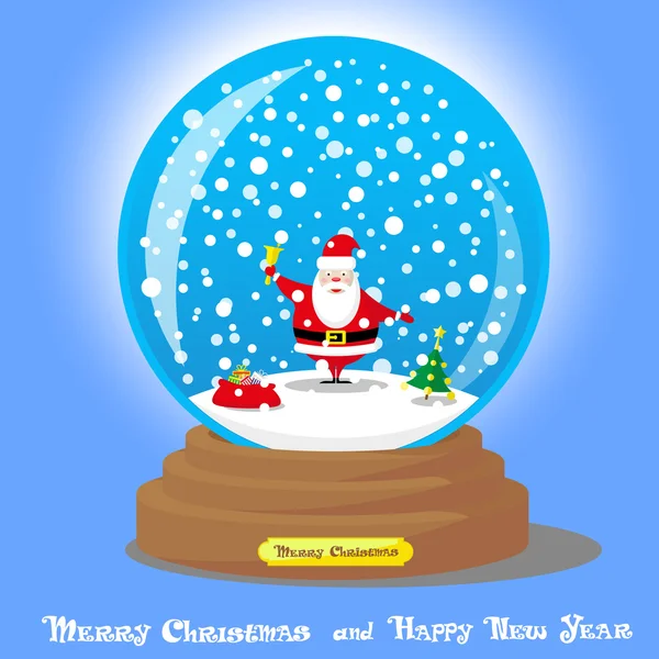 Vector Christmas Snow Globe con Babbo Natale e grandi regali borsa su sfondo sfumato blu — Vettoriale Stock