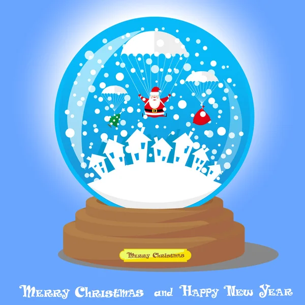 Vector Christmas Snow Globe: Papai Noel como pára-quedista com grandes presentes saco e árvore de Natal no fundo gradiente azul —  Vetores de Stock