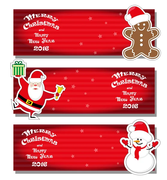 Set vector banner de Navidad con Santa Claus, muñeco de nieve, Hombre de jengibre y texto dibujado a mano Feliz Navidad y Feliz Año Nuevo 2016 sobre fondo despojado gradiente rojo — Archivo Imágenes Vectoriales