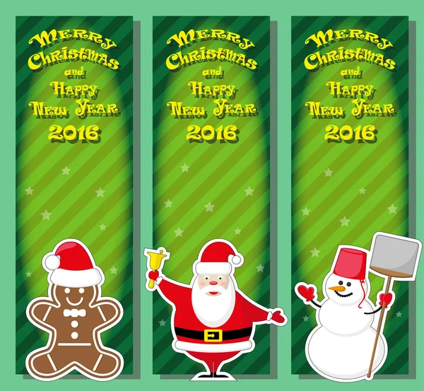 Set vector Christmas banner with Santa Claus, snowman, Gingerbread Man and hand drawn text Merry Christmas and Happy New Year 2016 on red gradient stripped background — Stock Vector