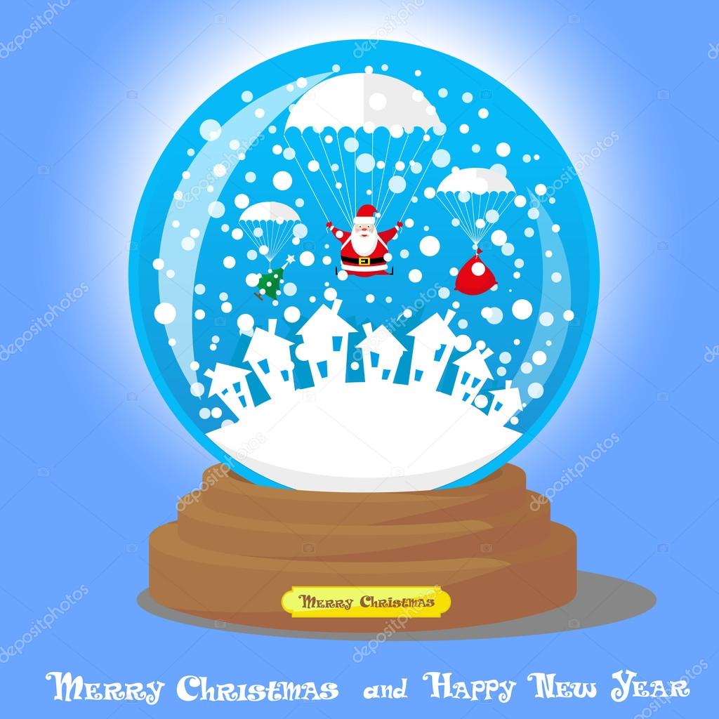 Vector Christmas Snow Globe: Santa Claus as skydiver with big bag gifts and Xmas tree on blue gradient background