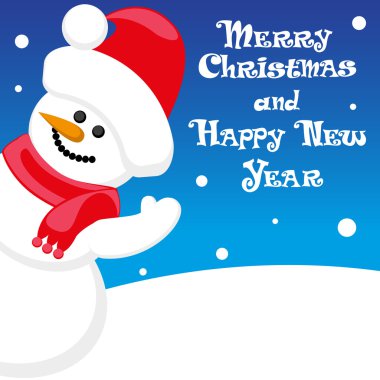 Vector poster Merry Christmas and Happy New Year with Snowman in santa claus hat on blue background