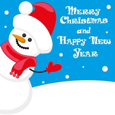 Vector poster Merry Christmas and Happy New Year with Snowman in santa claus hat on blue background
