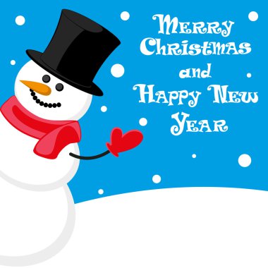 Vector poster Merry Christmas and Happy New Year with Snowman in hat on blue background