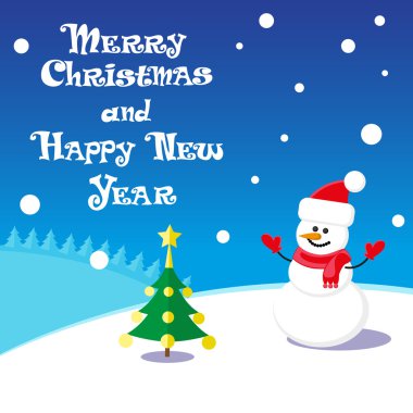 Vector poster Merry Christmas and Happy New Year with Snowman in santa claus hat on blue background