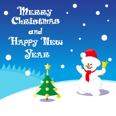 Vector poster Merry Christmas and Happy New Year with Snowman in santa claus hat on blue background