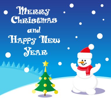 Vector poster Merry Christmas and Happy New Year with Snowman in santa claus hat on blue background