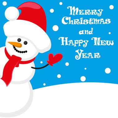 Vector poster Merry Christmas and Happy New Year with Snowman in santa claus hat on blue background