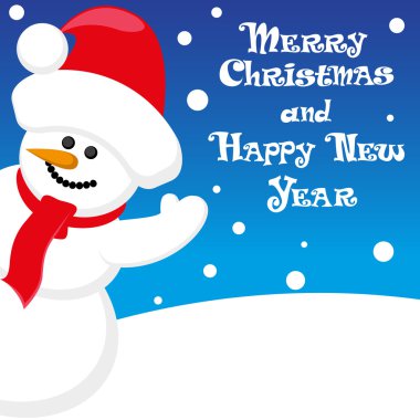 Vector poster Merry Christmas and Happy New Year with Snowman in santa claus hat on blue background