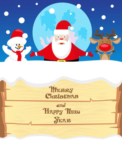 Vector banner Santa Claus,  Snowman and Deer congratulate on Merry Christmas and Happy New year on background blue moon — Stockvector