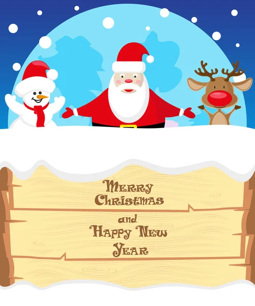 Vector banner Santa Claus,  Snowman and Deer congratulate on Merry Christmas and Happy New year on background blue moon — Stockvector