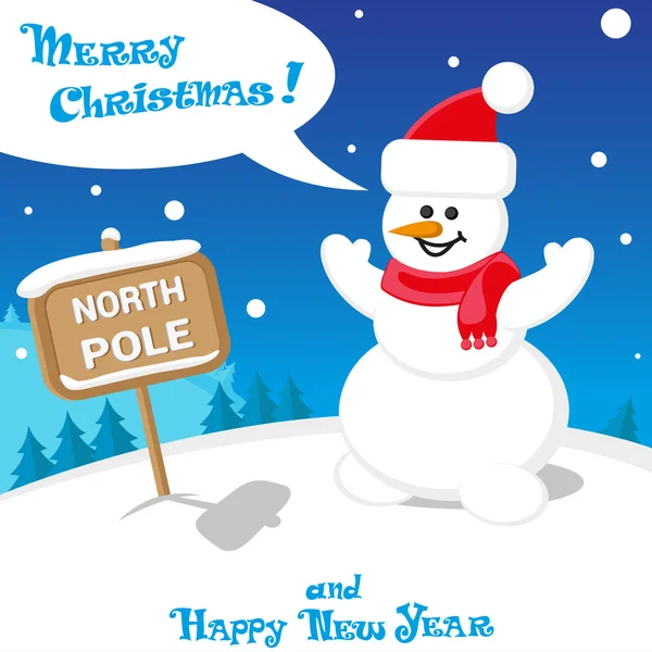 Vector banner funny Snow man in Santa Claus hat on North Pole and Merry Christmas hand drawn text — Διανυσματικό Αρχείο