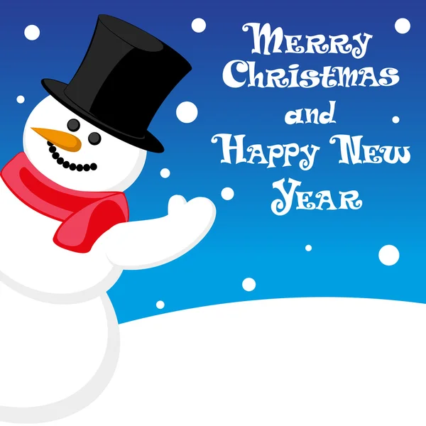 Vector poster Crăciun fericit și An Nou fericit cu om de zăpadă în pălărie pe fundal albastru — Vector de stoc