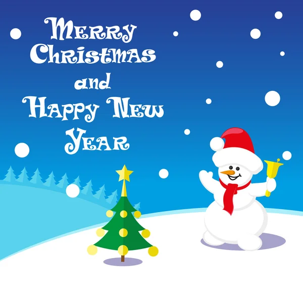 Cartaz de vetor Feliz Natal e Feliz Ano Novo com boneco de neve em santa claus chapéu no fundo azul — Vetor de Stock