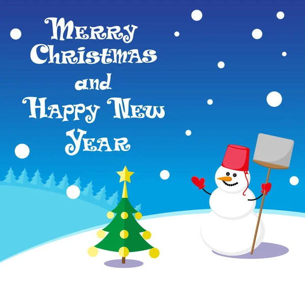 Vector poster Merry Christmas and Happy New Year with Snowman in santa claus hat on blue background — Stock vektor