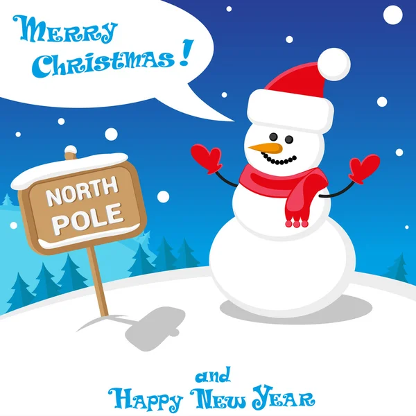 Vector banner divertido muñeco de nieve en Santa Claus sombrero en Polo Norte y Feliz Navidad texto dibujado a mano — Archivo Imágenes Vectoriales