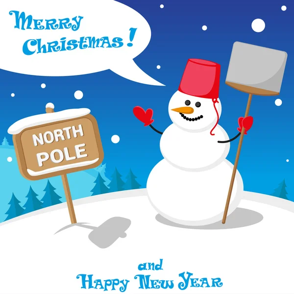 Vector banner funny Snow man in Santa Claus hat on North Pole and Merry Christmas hand drawn text — Wektor stockowy