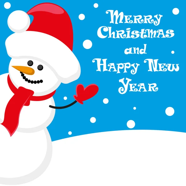 Vector poster Merry Christmas and Happy New Year with Snowman in santa claus hat on blue background — Stock vektor