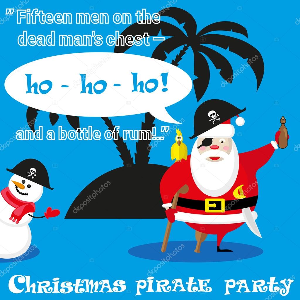 Vector banner Merry Christmas pirate party with funny Santa Claus and Snowman on backdrop silhouette palm island — Wektor od Vadym Shumeiko