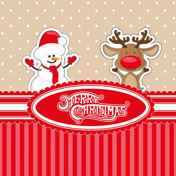 Vector banner Merry Christmas candy box with Snowman in Santa Claus red hat and Deer — Stock Vector