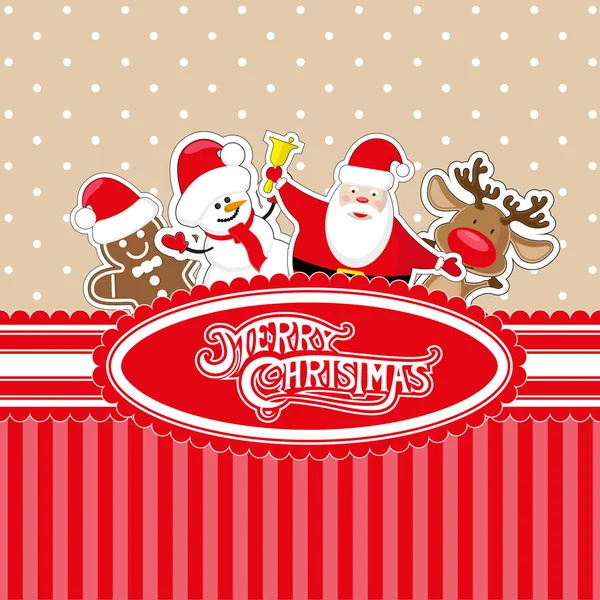 Vector banner Merry Christmas candy box with Gingerbread man, Snowman, Santa Claus in red hat and Deer — Stock vektor