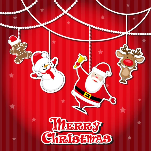 Vector banner bolas de Navidad con Santa Claus, venado de Navidad, hombre de jengibre, muñeco de nieve y texto dibujado a mano Feliz Navidad sobre fondo de degradado rojo — Archivo Imágenes Vectoriales