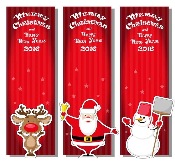 Set vector Christmas banner with Santa Claus, snowman, Deer and hand drawn text Merry Christmas and Happy New Year 2016 on red gradient striped background — Stockový vektor