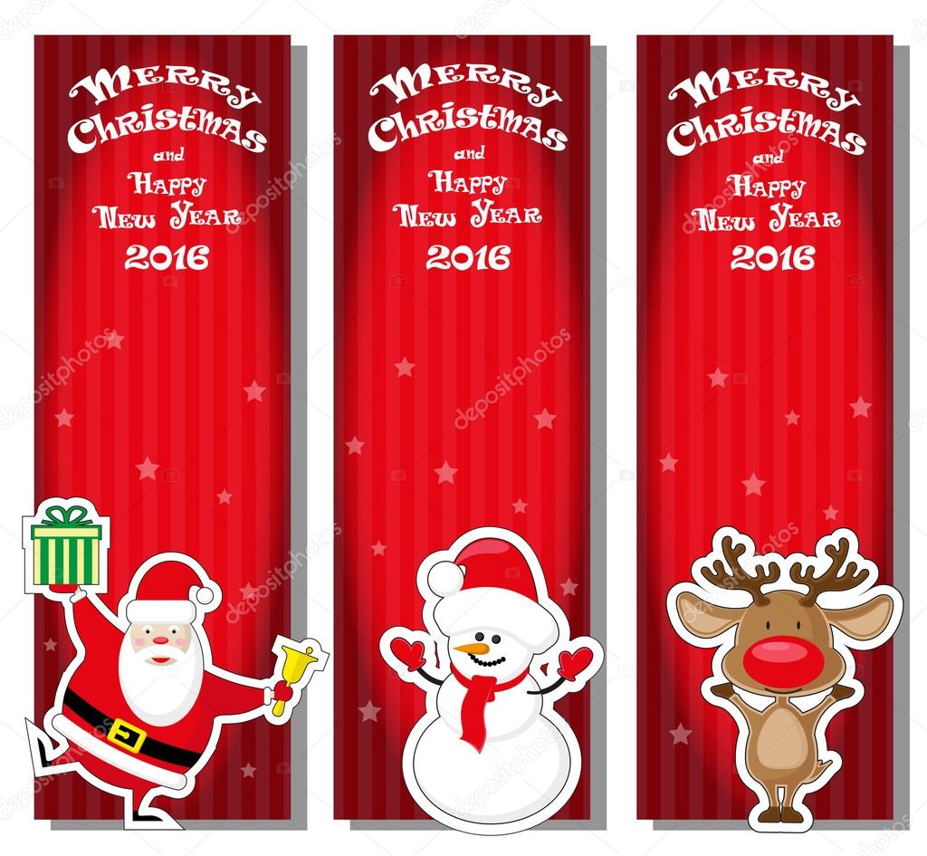 Set vector Christmas banner with Santa Claus, snowman, Deer and hand drawn text Merry Christmas and Happy New Year 2016 on red gradient striped background