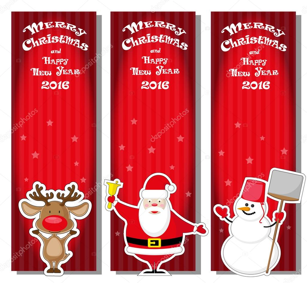 Set vector Christmas banner with Santa Claus, snowman, Deer and hand drawn text Merry Christmas and Happy New Year 2016 on red gradient striped background