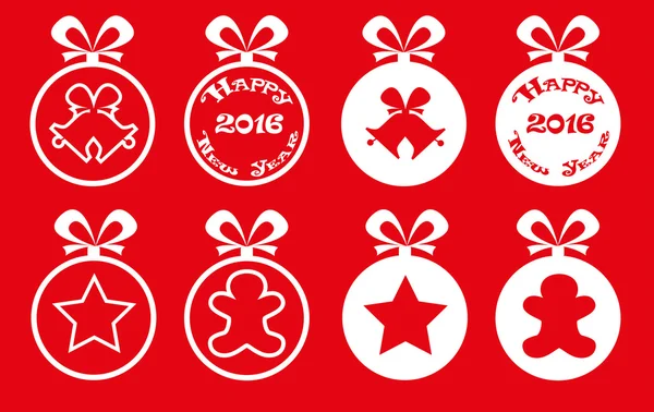 Set de vectores bolas de Navidad diferente decoración campanas de silueta, estrella, hombre de jengibre y texto dibujado a mano Feliz Navidad y Feliz Año Nuevo — Archivo Imágenes Vectoriales