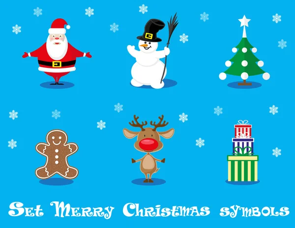 Vector set ontwerpelementen grappige Santa Claus, sneeuwman, herten, speculaaspop, kerstboom, als cadeau geïsoleerd op blauwe achtergrond — Stockvector