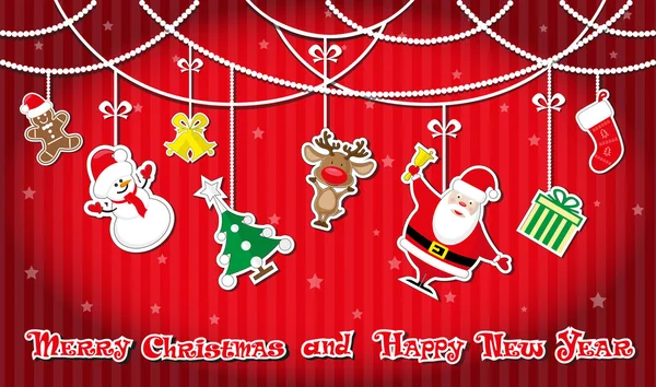 Vector banner garland: Santa Claus, snögubbe, julgran, gåva strumpa, presentera box, hjortar, klockor, pepparkaksgubbe och hand dras texten god jul och gott nytt år på röd randig bakgrund — Stock vektor