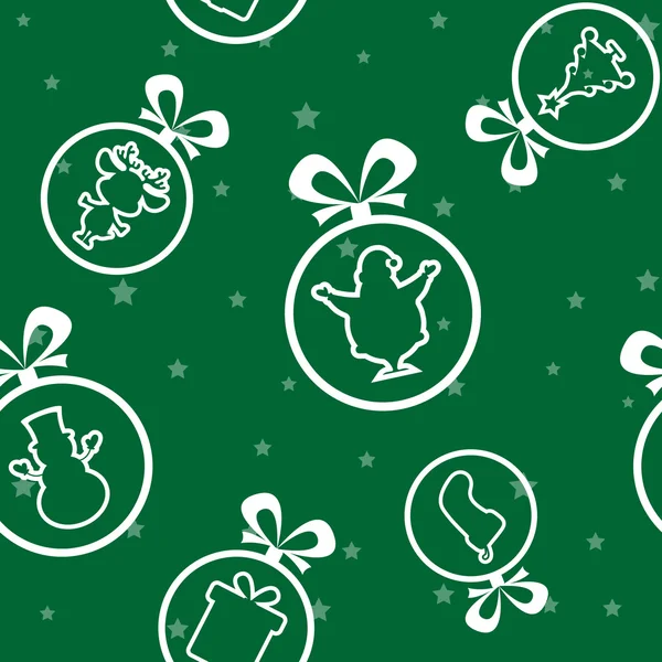 Sfondo senza cuciture vettoriale: palle di Natale Babbo Natale, Pupazzo di neve, Cervo, calzino, confezione regalo, silhouette albero su sfondo con stelle — Vettoriale Stock