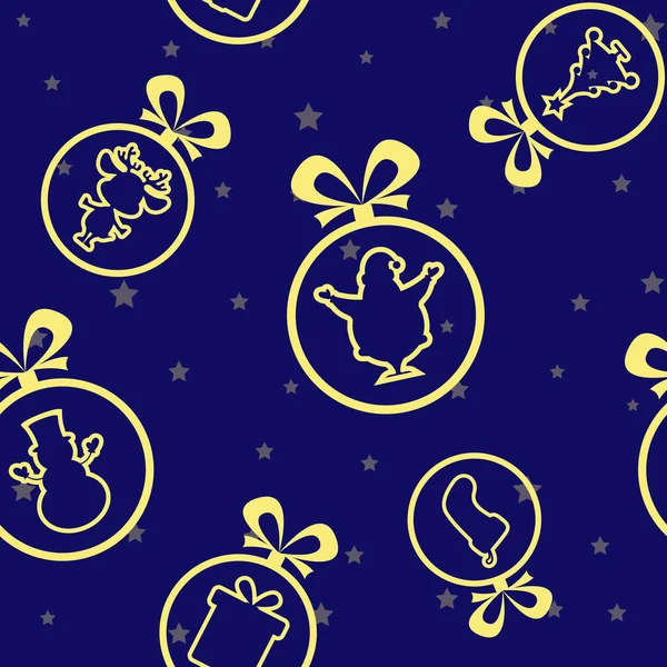 Sfondo senza cuciture vettoriale: palle di Natale Babbo Natale, Pupazzo di neve, Cervo, calzino, confezione regalo, silhouette albero su sfondo con stelle — Vettoriale Stock