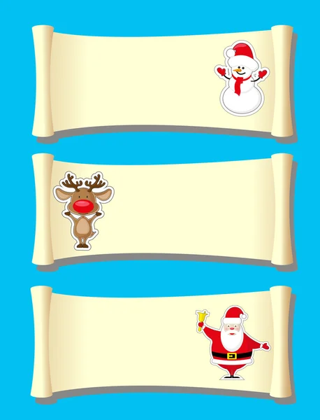 Beállítása vektorok banner a boldog karácsonyt, Mikulás, hóember és a szarvas isolatet, a kék háttér — Stock Vector