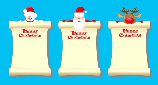 Set vectoren banner Merry Christmas met Santa Claus, sneeuwpop en herten isolatet op blauwe achtergrond — Stockvector