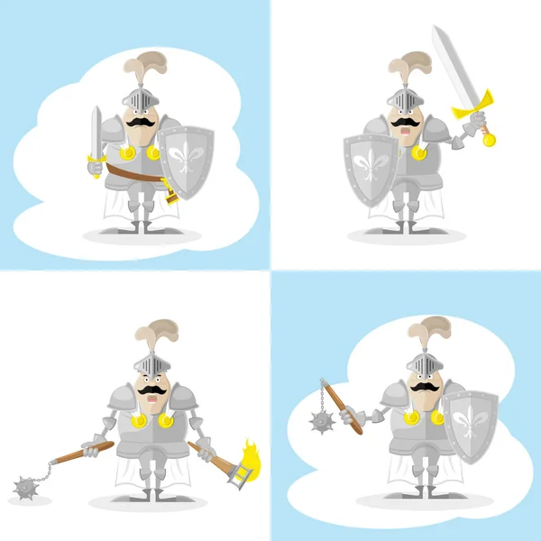 A set of vector shapes funny medieval knight in white cloak isolated on white background — Stock Vector