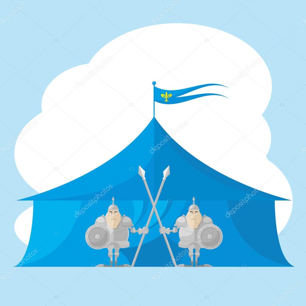Set of vector shapes funny medieval knight with a spear and shield in the hands backdrop on tent isolated on white background