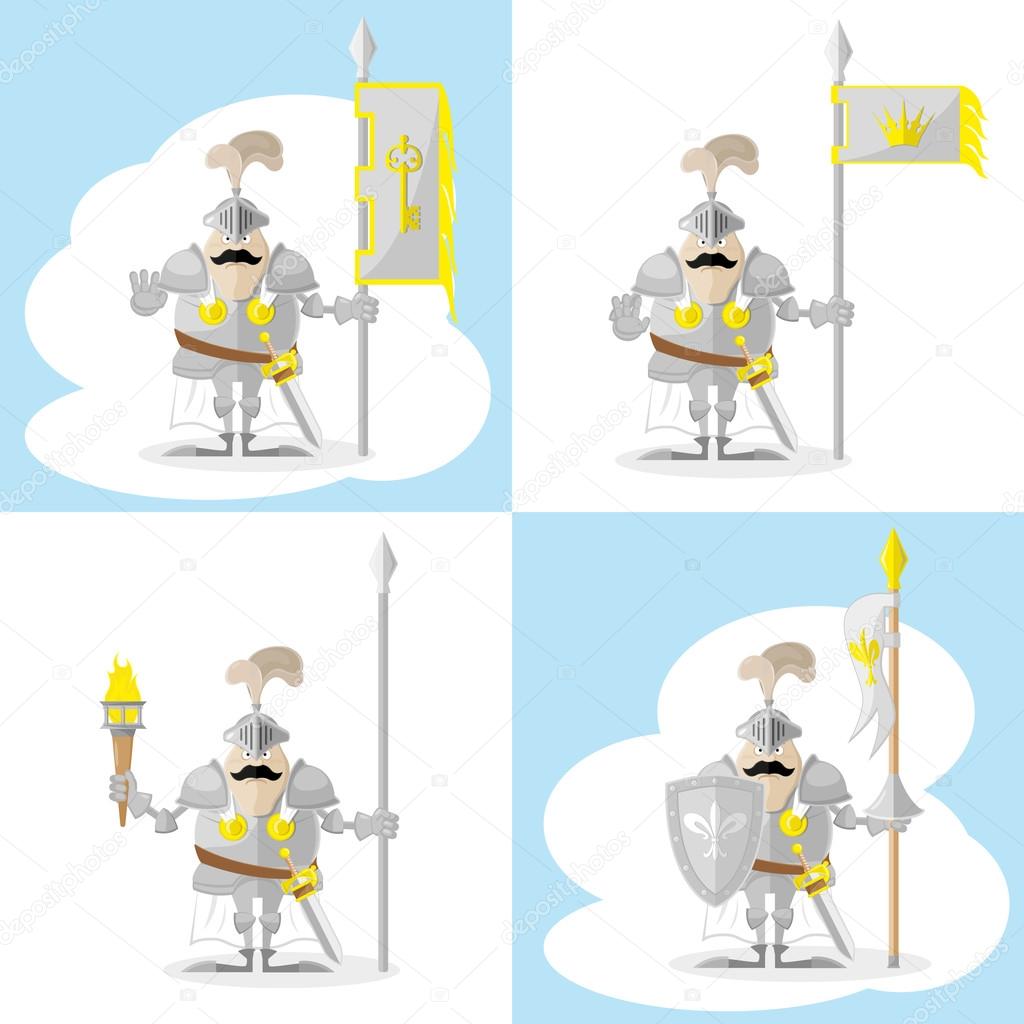 A set of vector shapes funny medieval knight in white cloak with spear and flag isolated on white background