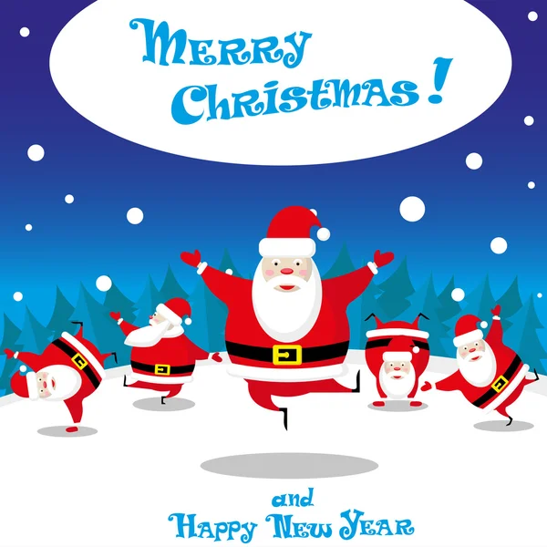 Vector banner grappige Santa Claus dansen op achtergrond nacht hout met hand getrokken tekst Merry Christmas — Stockvector
