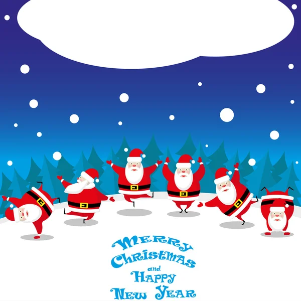 Vektör banner elle çizilmiş metinle Merry Christmas gece ahşap arka plan üzerinde dans komik Noel Baba — Stok Vektör