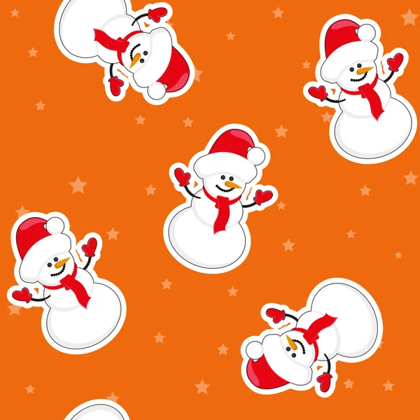 Fond de Noël sans couture vectoriel : bonhomme de neige en chapeau de Père Noël sur fond avec des étoiles — Image vectorielle